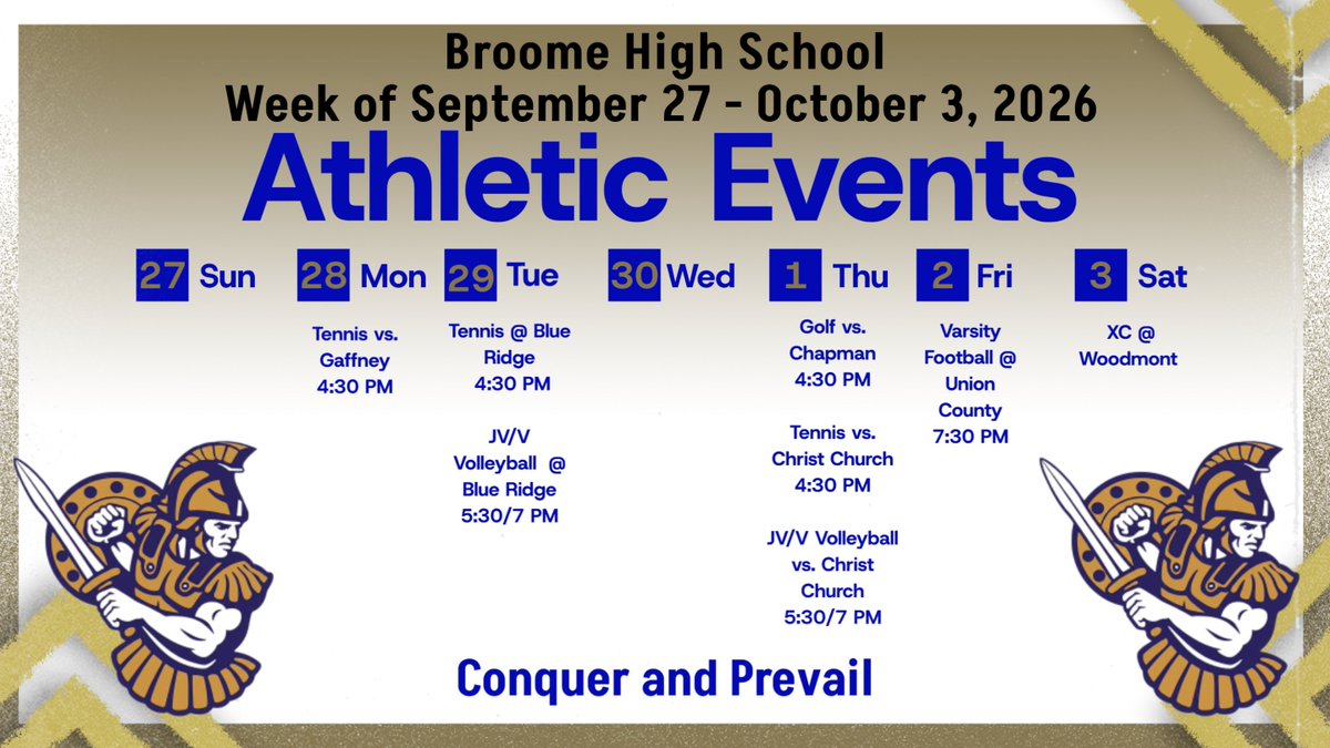GOCENTURIONSGO's tweet photo. Broome Athletics
September 27-October 3, 2026
#GoCenturionsGo
#ConquerandPrevail https://t.co/3c3YrAk9jl
