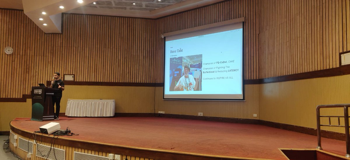 LibreQoS's tweet photo. Thank you for remembering our dearly beloved #DaveTaht @mtaht at @IndiaFOSS 2026, Vishal Kamath w/ @surathkal_nitk:
https://t.co/AGFdfXS6Le
cc @FOSSUnited
#IndiaFOSS #UnitedByFOSS #OpenSource #BandwidthIsALIE #FQ_CoDel #RFC8290 #bufferbloat #sch_CAKE #latency #jitter #FQCoDel https://t.co/mnw5XL47QB