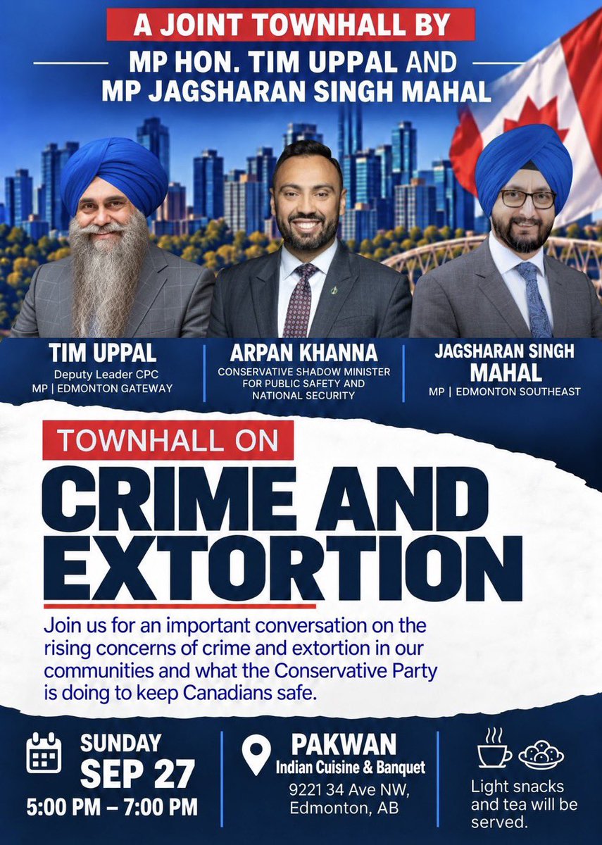 bruce_barrett's tweet photo. MPs Tim Uppal, Jagsharan Singh Mahal and Arpan Khanna are having a crime and extortion townhall today at 5 PM at Pakwan in Edmonton.

Maybe Edmonton just needs more migrant police officers?  🤷 

I asked Arpan a few questions on Victoria Day.

Video in comments.👇 https://t.co/Awnr5txTvN