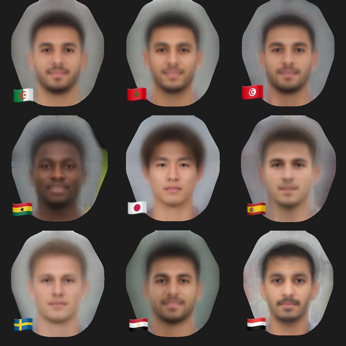 MoroSpiritS's tweet photo. J’me suis amusé à créer un visage composite moyen à partir des principaux footballeurs de chaque pays (70-150), en excluant les profils métissés. 

C’est pas représentatif de la population et c’est une moyenne, mais on y voit clairement le type « Maghrébin » ultra-similaire mdr https://t.co/dESNcF6HUW