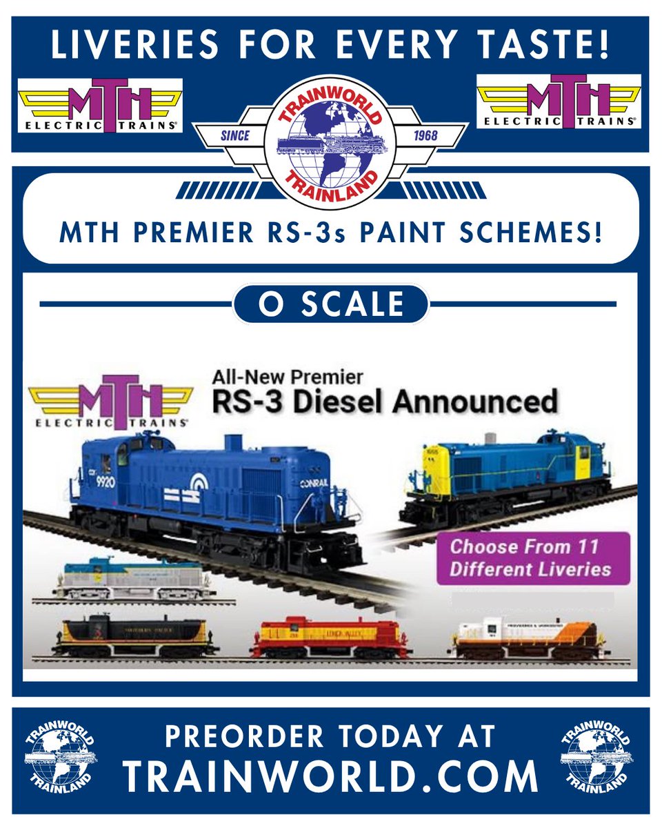 Trainworld's tweet photo. New @MTHTrains RS-3s! 🚂

PreOrder today at https://t.co/i7Kp3pvGj1! https://t.co/GH4OYktXmW

#mth #oscale #RS3 #diesel #loocmotive #paintschemes #roadnames #reveal #preorder #trainworld #trainland #modeltrains #trains https://t.co/vpPBeJ3Xep