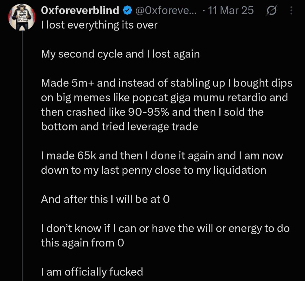 Usoppu's tweet photo. The biggest trap after hitting $5m is thinking you need 8 figures.

​So many people keep pushing, only to round-trip their entire stack along the way.

​If you’ve already won the game, learn to walk away.

There’s so, so, so much more to life than chasing even more millions, only to risk losing everything you’ve built in the process.