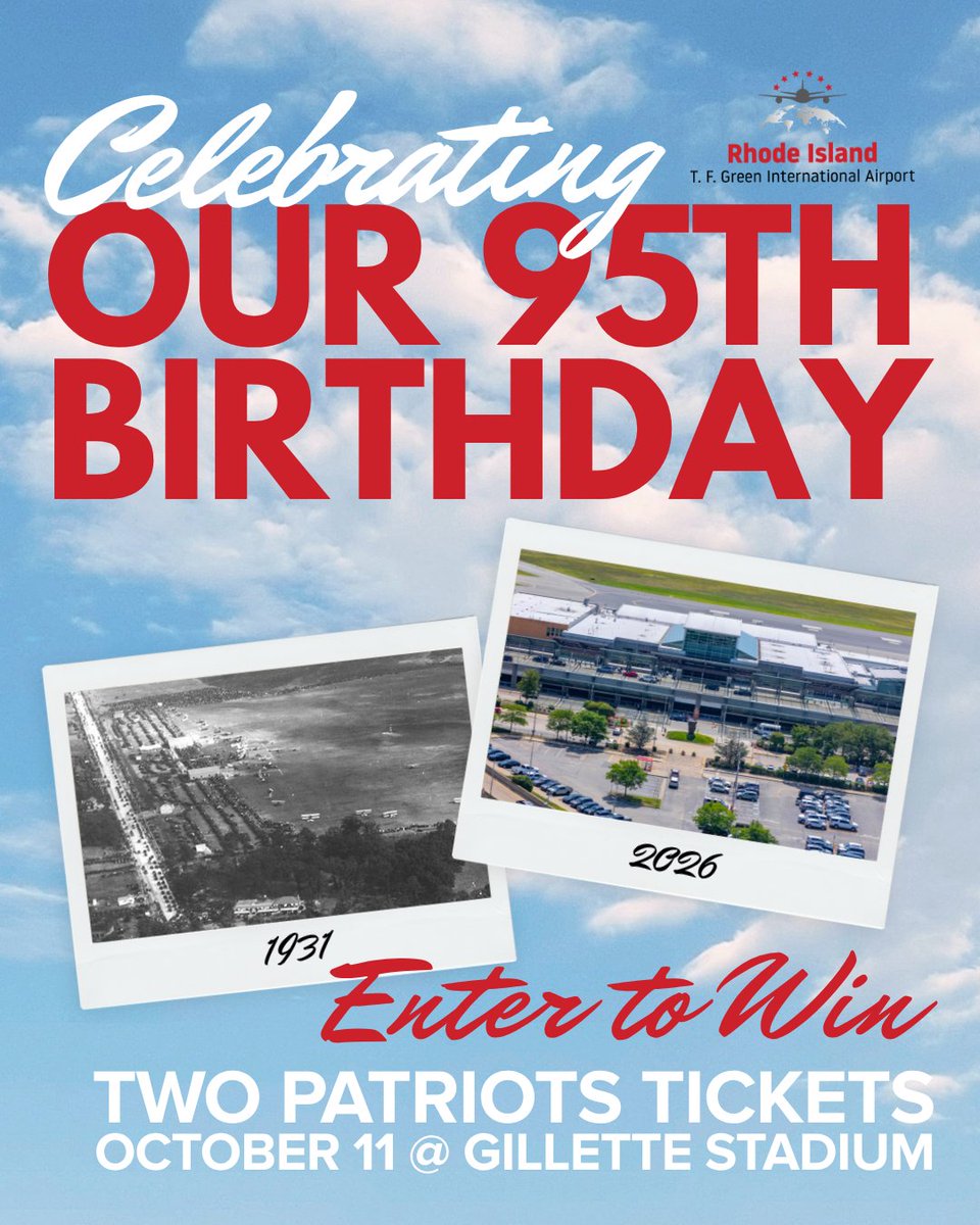 IFlyRhodeIsland's tweet photo. It's our birthday!! 🎉🎉 

95 years ago, PVD was founded as Hillsgrove State Airport, the first state-owned and operated airport in the U.S.

To celebrate, we're giving one lucky winner a set of tickets to the @Patriots game at Gillette Stadium on October 11!

Enter to win at https://t.co/bopIeZIAWo by sharing your fav PVD memory!

Giveaway ends 10/5/26 at 11:59 PM ET. Terms and conditions apply. See entry page for full details. ✈️ #FlyRI @NBC10
