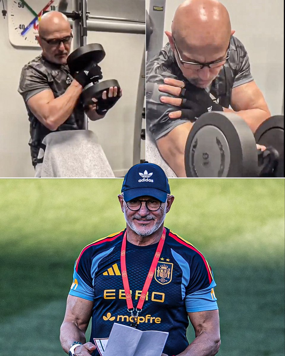ESPNUK's tweet photo. Just 65-year-old Spain boss, Luis de la Fuente, hitting 16kg bicep curls 💪 https://t.co/1GhGmrVCEW