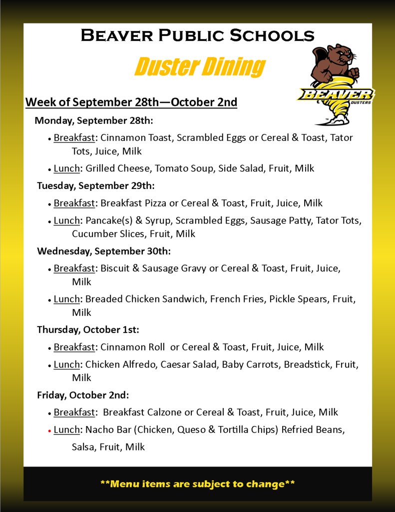 beaver_dusters's tweet photo. Here is the Week at a Glance for September 28th - October 3rd! NOBBY is the way we Duster! 🖤💛🌪️ https://t.co/IznjhdaU6V