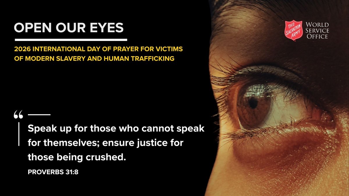 saworldservice's tweet photo. Today is International #DayOfPrayer for Victims of Modern Slavery and Human Trafficking. Proverbs 31:8 calls us to speak up for those who cannot speak for themselves. Join us in prayer and learn about The Salvation Army’s global response: https://t.co/wxNABkIsUo 

#EndTrafficking https://t.co/MHlRQNyXwy