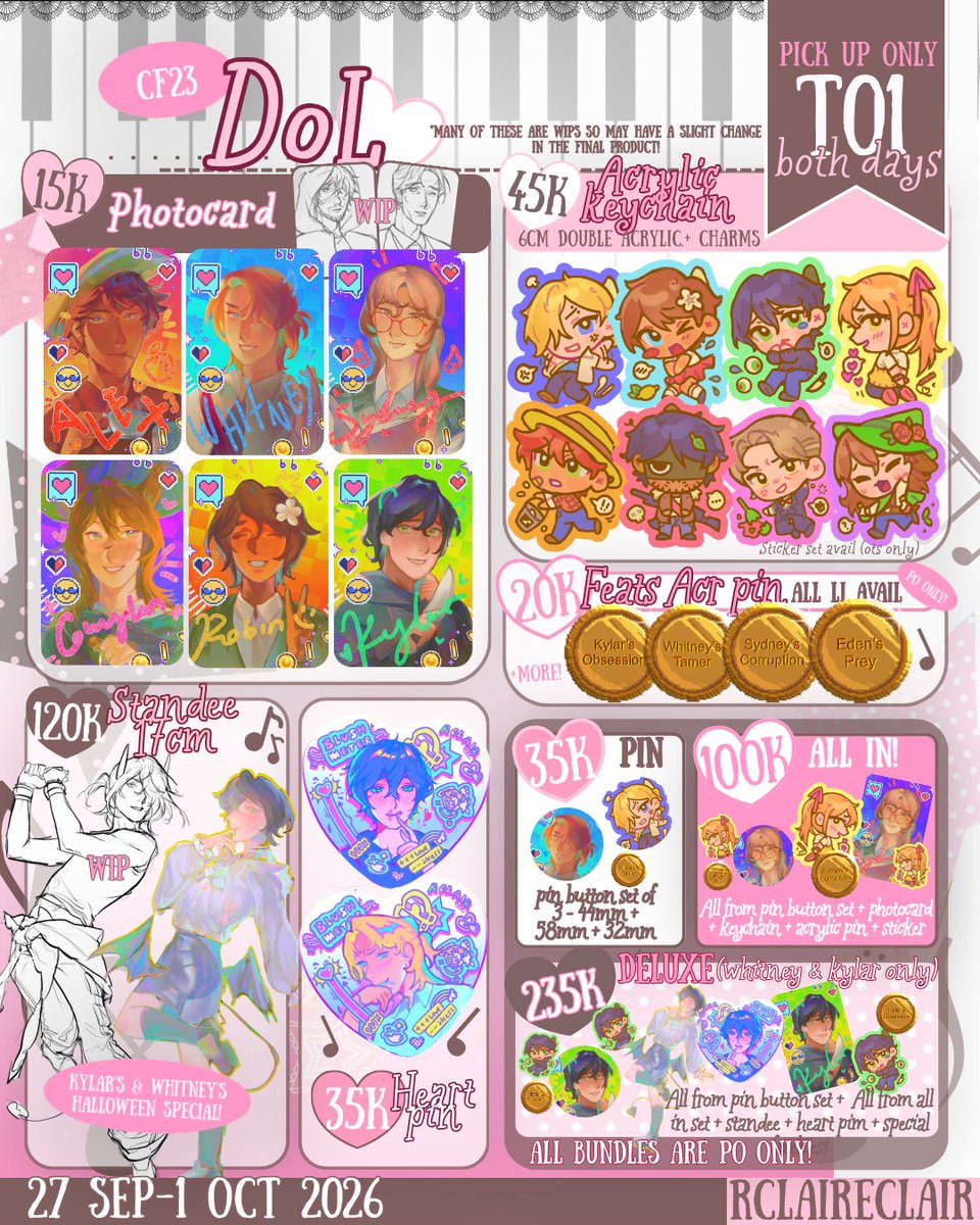 rclaireclair's tweet photo. ꒰❣️&amp;🔄 are very appreciated!꒱

My #cf23 PO is here!^^

🗓️ 27 sep-1 oct '26
📌 BOTH days, pick up only @ T-01
🎶Hetalia, DoL, YURII, Saihate station, zeno, deltarune &amp; other rpgmakers, umamusume, aand more!🎶

🖇️ https://t.co/CxPS1Gv5NV #cf23catalog #comifuro23 https://t.co/OmAhNuP5MH