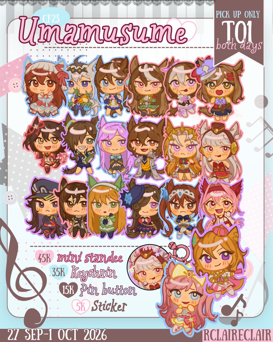 rclaireclair's tweet photo. ꒰❣️&amp;🔄 are very appreciated!꒱

My #cf23 PO is here!^^

🗓️ 27 sep-1 oct '26
📌 BOTH days, pick up only @ T-01
🎶Hetalia, DoL, YURII, Saihate station, zeno, deltarune &amp; other rpgmakers, umamusume, aand more!🎶

🖇️ https://t.co/CxPS1Gv5NV #cf23catalog #comifuro23 https://t.co/OmAhNuP5MH