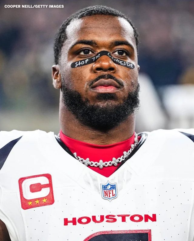 leylahamed's tweet photo. Despite the fines and mounting pressure, Houston Texans linebacker Azeez Al-Shaair continues to honour Palestinian children killed in Gaza.

This time, it’s Lana, 12, and Bana, 8, who were killed alongside their family in an Israeli attack earlier this month. https://t.co/pEY8jt92fa