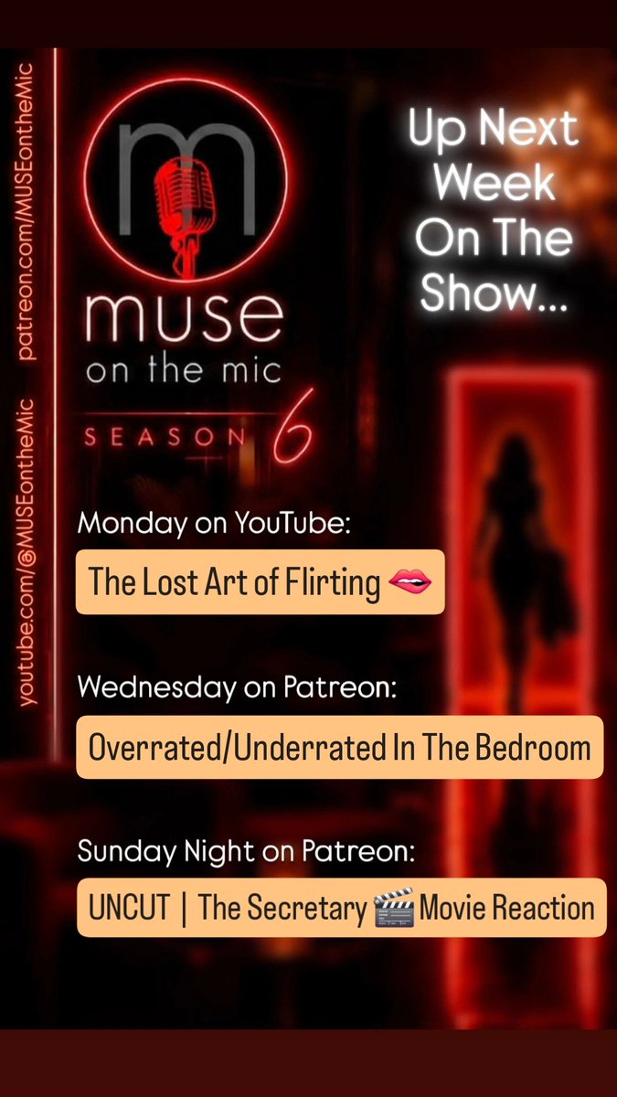 MUSEontheMic's tweet photo. Up Next Week on the Mic ππ§π»
π And we don't want you to miss a moment! β’ 3 Days a Week β’ The Hottest *Spicy* Podcast on-air!
SUBSCRIBE & TUNE INπΆπ₯
β‘οΈ https://t.co/0tTfOjbT8B Mondays!
β‘οΈ https://t.co/uBBmuGjNJg Wednesdays & Sundays!
#podcast #episodeschedule #adultbusinessowners #subscribe #adultpodcast
