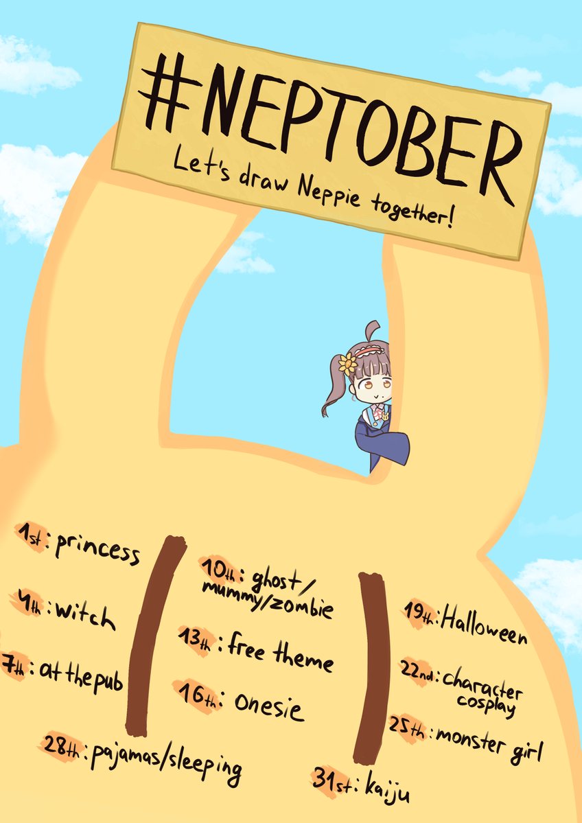 _nemurinemu's tweet photo. NEPTOBER IS REAL!!!
Let's draw Neppie together!!!!

We selected 11 topics to draw them every 3 days of October!
You're free to skip the days or join only for a bit, the fact that you draw something for her would make her very happy!
Post your art with hashtags #neppics #neptober! https://t.co/1fGUmyDplm