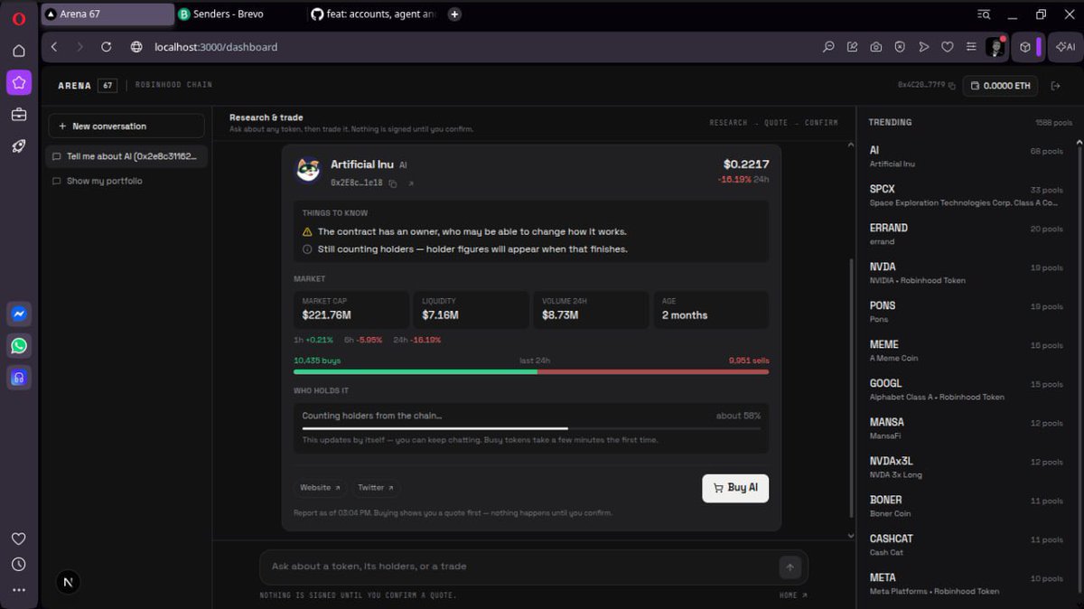 Knowledge_JO's tweet photo. Free research and trading AI agent on Robinhood blockchain.

I'm cooking something HOT for the @openservai hackathon with @Sabercodes123.

New ideas keep flooding in hours before the hackathon ends.

Arena67: the ultimate research and trading AI agent on @RobinhoodCrypto is going live in hours.