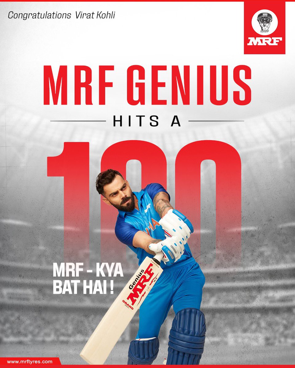 MRFWorldwide's tweet photo. Built for the long haul. Delivered with class.​

Congratulations to Virat Kohli on powering his way to another outstanding century.​

MRF – Kya Bat Hai!​

#MRF #MRFGenius #ViratKohli #Cricket #TeamIndia #KyaBatHai https://t.co/1soWRnsXrR