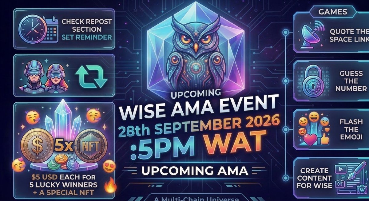boss_big376748's tweet photo. 🦉 UPCOMING AMA ALERT! 🥳🔥🚀
Get ready for an explosive session packed with deep insights, fun community activities, massive engagement, and awesome rewards! 💡🎉
🗓️ When: Tomorrow (Monday)
⏰ Time: 5:00 PM WAT
📍 Where: Twitter/X Spaces
📌 Reminder: Head over to our repost section and set your reminder NOW so you don't miss out! 🔔⚡
🗣️ WHAT ARE WE TALKING ABOUT?
 * Who are we? The vision, team, and passion behind the ecosystem 🌐
 * The Topic: Deep-dive into Web3 innovation, decentralized finance, and the future roadmap 📈⚡
 * Open Floor: Drop your burning questions, shill your projects/ideas, and connect with the community! Who knows? You might just walk away with prizes, new connections, AND fresh followers! 😉😉😉
🎁 PRIZE POOL
💵 $25 Total Cash Pool ($5 each for 5 lucky winners!)
🎨 1 Exclusive Limited-Edition NFT up for grabs! ✨
🎮 GAMES & ACTIVITIES
📊 Game of Predictions — Guess the trends & win big!
🔢 Guess the Number — Fast fingers only! ⚡
🤩 Flash the Emoji — Quickest reaction takes it!
✍️ Content Creation — Craft top-tier memes, threads, or graphics for Wise 🦉
📣 Shill Your Alpha — Bring your best energy to the mic! 🎙️✨
So tune in, drop your thoughts, hype the chat, and as always...
Stay Wise 🦉🦉🦉
#AMA #CryptoAMA #Web3 #Giveaway #CryptoGiveaway #NFTGiveaway #WiseCommunity #FreeNFT #PredictAndWin #CryptoCommunity #DeFi #Airdrop
@WISE_Token