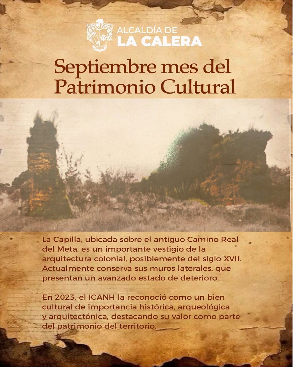 casa_calera's tweet photo. Septiembre mes del Patrimonio Cultural, este mes celebramos y reconocemos los lugares que hacen parte de nuestra historia y conservan la memoria de nuestro territorio. La Capilla, ubicada sobre el antiguo Camino Real del Meta, es un importante vestigio de la arquitectura colonial https://t.co/PTJCVobpc2