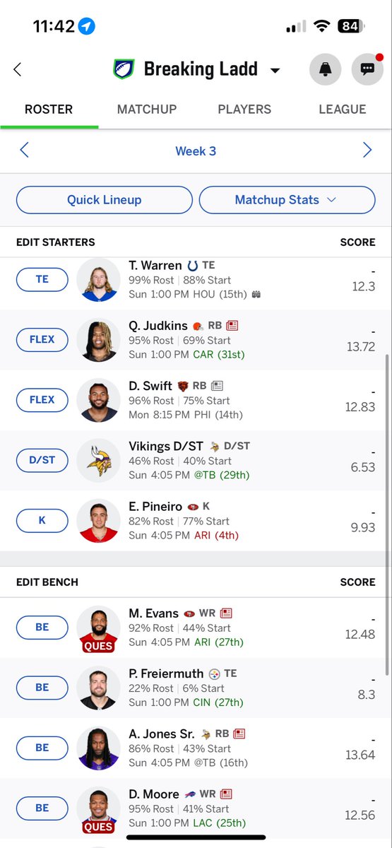 ZackLucas26680's tweet photo. @FFStalder im in a predicament on the 2 flex spots and i need some desperate help https://t.co/XE1CvVW7Kk