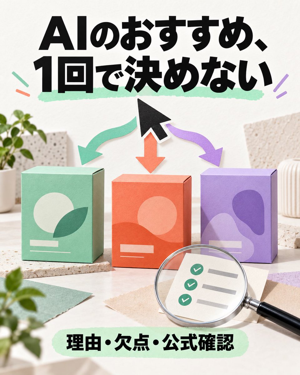 AIrakuken's tweet photo. AIの「これを買うべき」は、
1回で決めない。

9月16日公開の調査では、
ChatGPTは商品を勧める回答の79％で
「私ならこれを選ぶ」型の表現を使用。

でも、繰り返すと
候補が変わることも。

AIは候補集めに使い、
理由・欠点・公式仕様まで確認しよう。

#AI #ChatGPT #AIラクする研究所 https://t.co/H7poZBxJgr