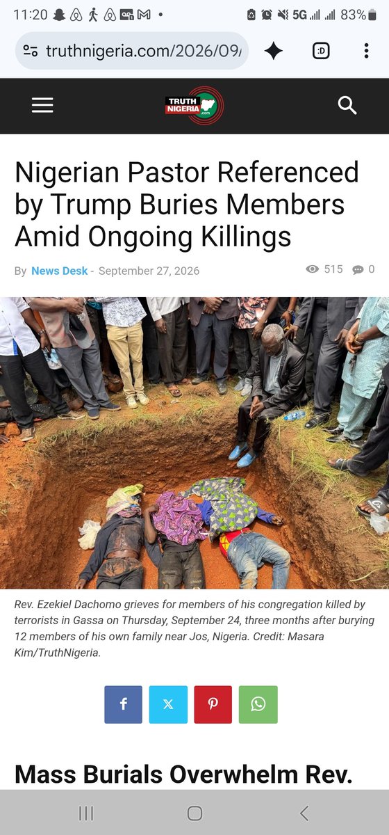 Noiretvnetwork's tweet photo. Nigerian Pastor Referenced by Trump Buries Members Amid Ongoing Killings  

🚨 BREAKING FROM NIGERIA: ANOTHER WEEK OF BLOODSHED IN PLATEAU STATE

Days after Rev. Ezekiel Dachomo thanked President Donald Trump for speaking at the United Nations about the persecution of Christians around the world, the Nigerian pastor found himself standing beside another mass grave — burying members of his own community.

According to TruthNigeria, three Christians were killed in attacks on Gassa and Chit villages in Plateau State on September 24. The report says the violence continued: two more people were killed the following night and five others the next morning.

TruthNigeria reports that this was the FIFTH attack on the region in just ONwers will be butchered.”

Dachomo has become one of the most visible voices drawing international attention to attacks on Christian communities in Nigeria’s Middle Belt. Earlier this year, President Trump shared footage involving the pastor, while Dachomo has also said members of his own extended family were killed and that he has received death threats.

Local leaders cited by TruthNigeria blamed Fulani-speaking militants for the latest attacks and raised serious questions about the security response. Plateau State Governor Caleb Mutfwang condemned the violence and said security agencies were taking steps to identify those responsible and prevent further attacks.

Whatever the politics, innocent Nigerians should not have to live like this.

Another pastor should not have to bury his congregation.

Another family should not have to bury its children.

Another community should not have to wonder whether it will survive the night.

The world must keep watching Nigeria.

The victims must not become statistics.

Their names, their families and their stories matter.

#Nigeria #PlateauState #ReligiousFreedom #ChristianPersecution #EndTheKillings 

Story by Masara Kim is an award-winning conflict reporter based in Jos, Nigeria, and senior editor of TruthNigeria.-by-trump-buries-members-amid-ongoing-killings/

https://t.co/OfiLObBIeP