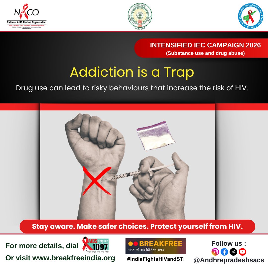 APSACS2020's tweet photo. Addiction is a Trap — Don’t Let Drugs Control Your Choices.
#IndiaFightsHIVandSTI #APSACS #AddictionAwareness #SayNoToDrugs #DrugAbusePrevention #SubstanceUseAwareness #HIVAwareness #HIVPrevention #NeverShareNeedles #SafeChoices #DrugFreeLife #ProtectYourself #BreakFreeIndia https://t.co/S1ccqrOEgs
