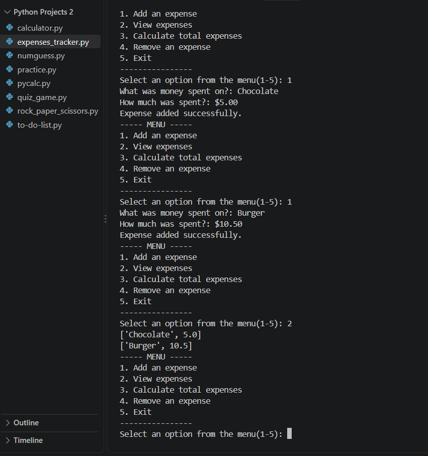 Temiloluwaco's tweet photo. Day 7, created an expense tracker. Similar concepts from my last post.
It adds expenses, views them, calculates total amount spent and removes an expense. Handles invalid input to avoid crashing the program also.
Engage, thank you๐.
#30DaysOfCode #Python #BuildInPublic https://t.co/8JPmeRksZs