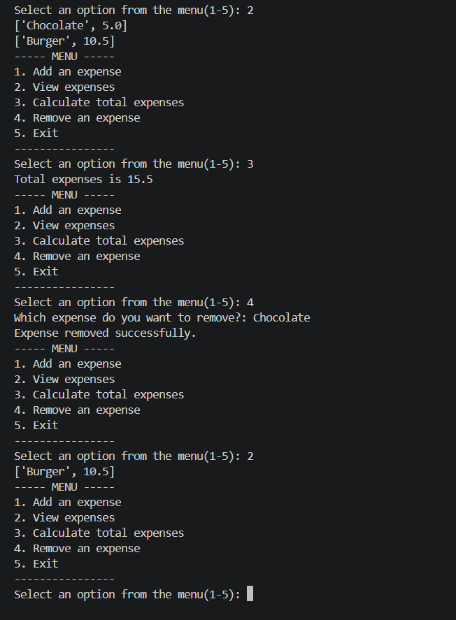 Temiloluwaco's tweet photo. Day 7, created an expense tracker. Similar concepts from my last post.
It adds expenses, views them, calculates total amount spent and removes an expense. Handles invalid input to avoid crashing the program also.
Engage, thank you๐.
#30DaysOfCode #Python #BuildInPublic https://t.co/8JPmeRksZs