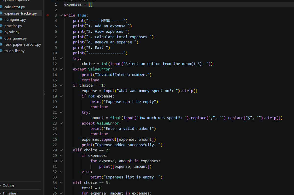Temiloluwaco's tweet photo. Day 7, created an expense tracker. Similar concepts from my last post.
It adds expenses, views them, calculates total amount spent and removes an expense. Handles invalid input to avoid crashing the program also.
Engage, thank you๐.
#30DaysOfCode #Python #BuildInPublic https://t.co/8JPmeRksZs