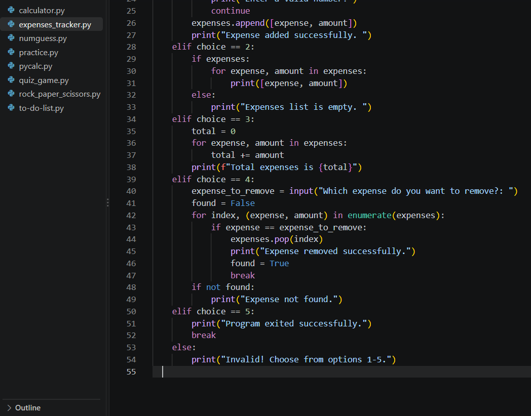 Temiloluwaco's tweet photo. Day 7, created an expense tracker. Similar concepts from my last post.
It adds expenses, views them, calculates total amount spent and removes an expense. Handles invalid input to avoid crashing the program also.
Engage, thank you๐.
#30DaysOfCode #Python #BuildInPublic https://t.co/8JPmeRksZs