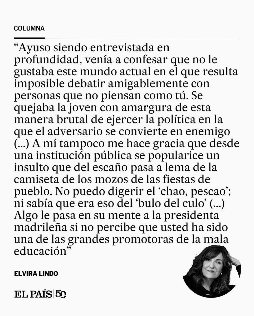 el_pais's tweet photo. Columna | "Algo le pasa a la presidenta madrileña si no se da cuenta de que sido una de las grandes promotoras de la mala educación en la política actual", escribe Elvira Lindo https://t.co/o09xfXpxXP https://t.co/ujSchb3sKB