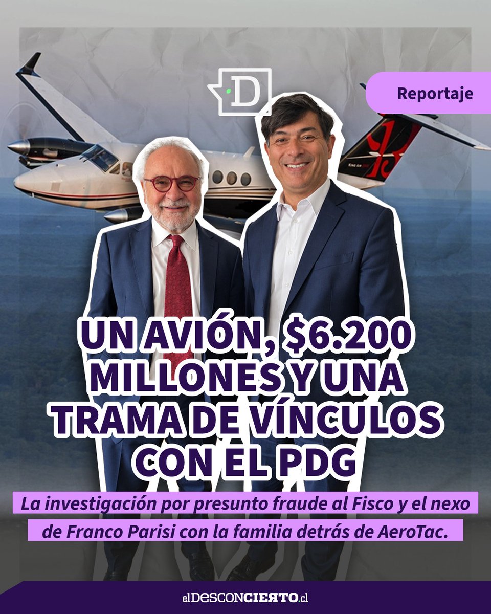eldesconcierto's tweet photo. ✈️ Un avión comprado por Carabineros por $6.200 millones terminó incautado. Fiscalía investiga un eventual fraude al Fisco y una posible licitación dirigida. El reportaje rastrea los vínculos entre el PDG, la familia detrás de AeroTac y Franco Parisi.

🔎 https://t.co/hKvn8PGYEk https://t.co/uNxi3YwhA7