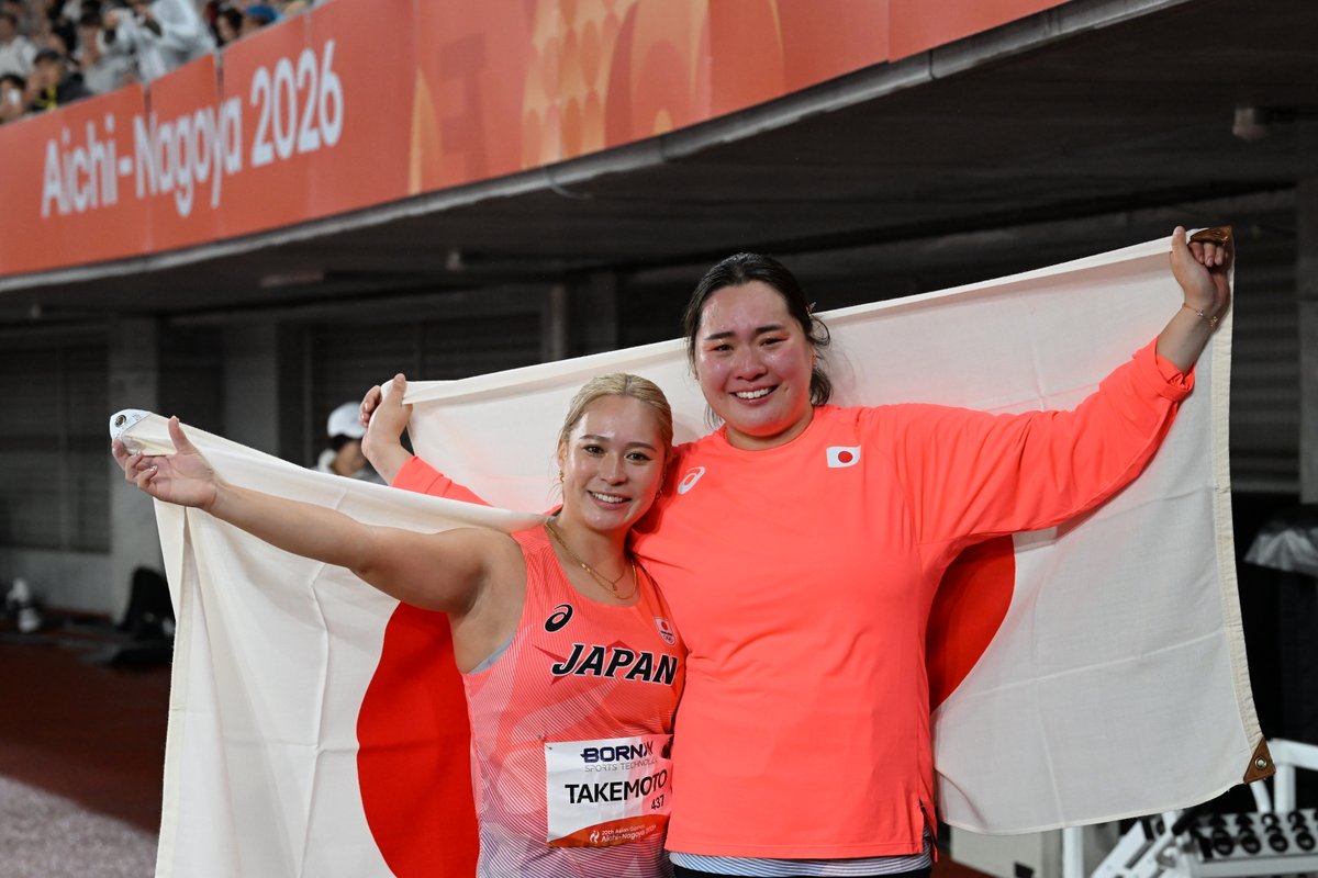 Getsuriku's tweet photo. #名古屋アジア大会
女子やり投
🥇嚴子怡🇨🇳 70m46
大会記録を4mも更新する記録でアジア王者に輝く

🥈北口榛花（JAL） 62m70
後半に記録を伸ばして意地の銀メダル✨

🥉武本紗栄（オリコ） 62m15
最終投てきで逆転🌟

日本勢のWメダルは1982年以来 https://t.co/NkM1V4wSGv