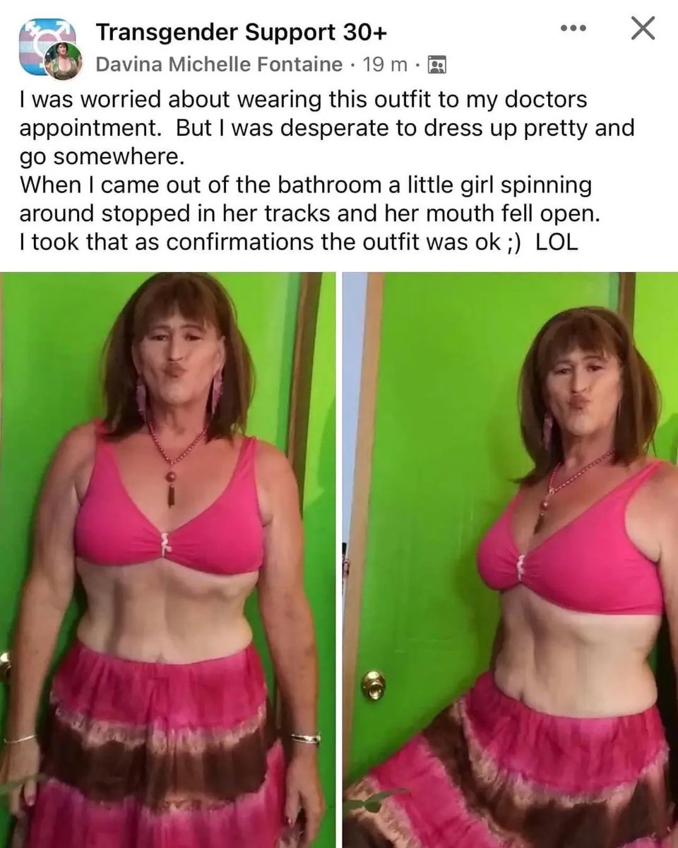 clitduvall's tweet photo. Troon wears bra (?) and skirt to a Drs appointment and thinks little girl looking at him in shock is confirmation he’s pretty! https://t.co/SzfApOgtLu