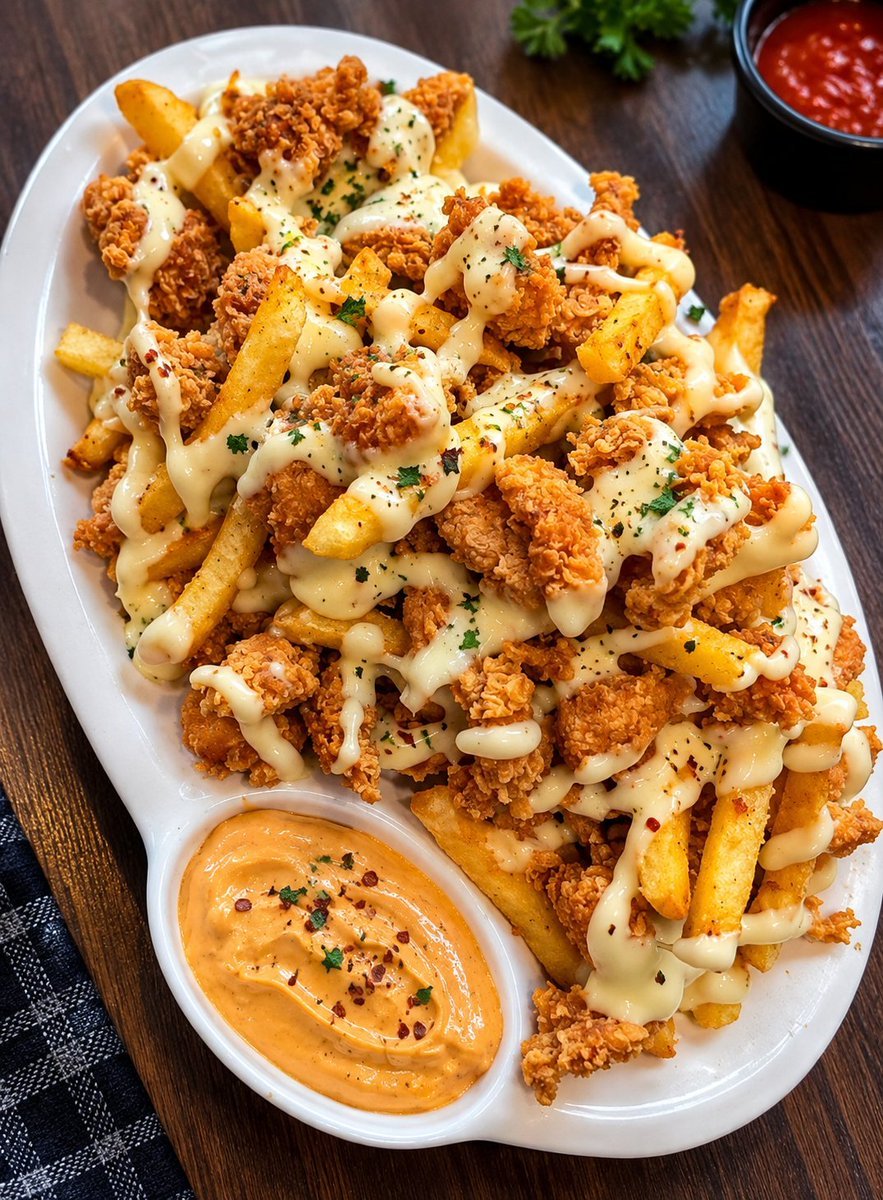 WorldUnderWatch's tweet photo. Would you finish this loaded cheesy chicken fries platter all by yourself? 🍟🍗🧀😋 https://t.co/puZyAeetHM