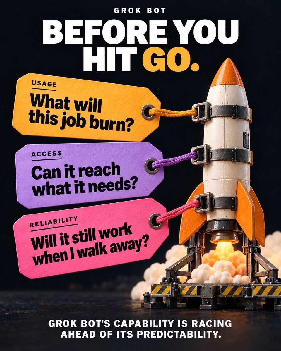 GrokBotRadar's tweet photo. One Grok Bot workflow reportedly burned 13% of a $60/month Cursor Pro+ plan’s weekly Grok Bot allowance in ONE DAY.

That is wild.

But usage is only part of the problem.

Users are still getting surprised by three things:

What will this job burn?

What can the Bot actually access?

Will it still work when I walk away?

That is the gap.

Grok Bot can already do absurdly ambitious work.

It can browse.
Call.
Run routines.
Use connectors.
Work across apps.
Keep going while you are gone.

But the boring stuff still matters.

Multiple users reported Finance connection problems.

Multiple users reported login and 1Password friction.

Others could not find the X access they expected.

And I found five separate examples of people mixing up Grok, Grok Bot, integrations, projects, automations, or where a feature actually lives.

That does NOT mean Grok Bot is broken.

It means the capability is moving FASTER than the predictability around it.

And that might be the next big unlock.

Not another flashy feature.

Knowing exactly what your Bot can reach.
What it will burn.
And what happens when you leave it alone.

That is when an agent stops feeling like a demo.

It starts feeling like infrastructure.

If you use Grok Bot every day, what still catches you off guard?
