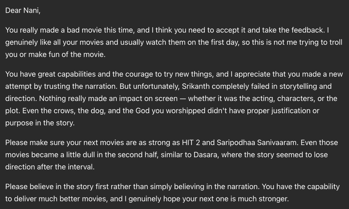 swamymushini's tweet photo. Dear @NameisNani ,
You really made a bad movie this time, and I think you need to accept it and take the feedback. I genuinely like all your movies and usually watch them on the first day, so this is not me trying to troll you or make fun of the movie. https://t.co/JC7AHCv3rk