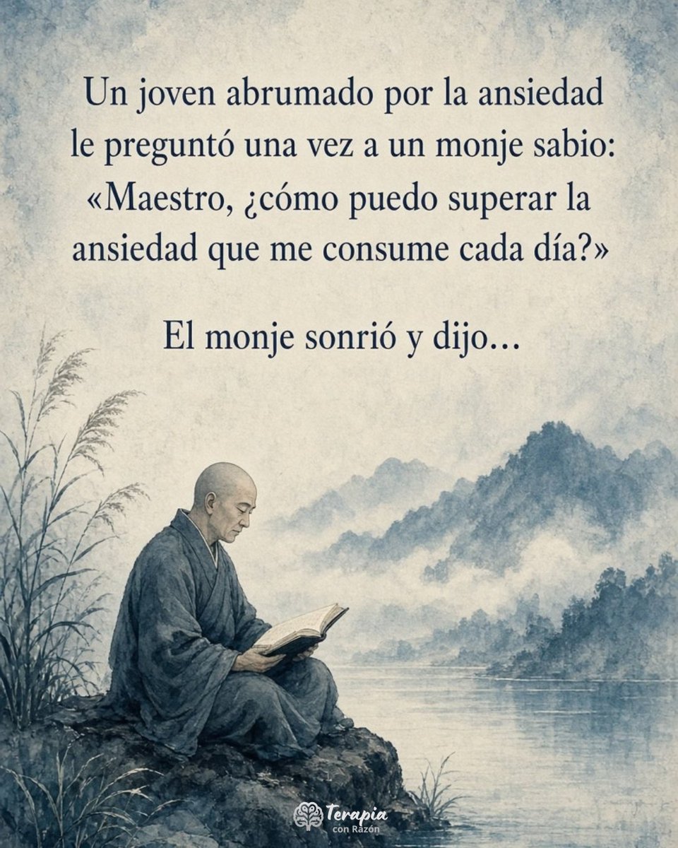 terapiaconrazon's tweet photo. Su cabeza no podía controlar sus preocupaciones,
Tendía a pensar en los peores escenarios, 
Despertaba por las noches pensando en ello.
Sentía miedo e irritabilidad más de lo habitual,
y sentía que estaba al límite de sus capacidades.

Cansado por la ansiedad y decidido a cuidar su salud mental, viajó a buscar un sabio monje, quien le dijo... 🧵