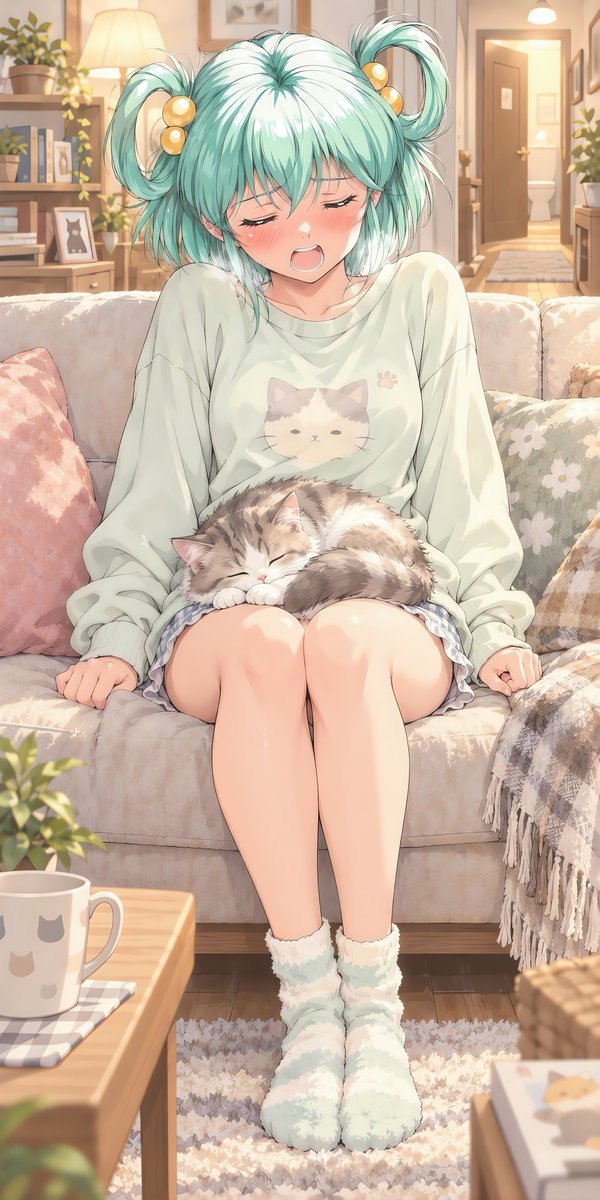 Rindou_AIart's tweet photo. 「そんなの分かるかー！」クイズ

クイズ第四弾・正解発表です！

今回もたくさんの予想をありがとうございました✨

圧倒的に多かったのは、やはり
「猫が膝の上で寝ている・くつろいでいる」という回答でした🐱

そこから、

・足が痺れているけど、猫を起こしたくなくて動けない
・猫がふみふみしている
・トイレに行きたいのに猫がいるので動けない

など、かなり核心に迫る回答が続出！

ほかにも、

「猫に足の指を舐められている」
「寝ぼけた猫に足の指をくわえられた」
「猫が耳を舐めている」
「大事なぬいぐるみを猫に破られた」
「猫アレルギー」
「子猫に囲まれて逃げられない」

などなど、本当にいろんな予想をいただきました🤣

そして正解は――

膝の上で猫が気持ちよさそうに寝てしまい、起こすことができず……
トイレを限界まで我慢している館林見晴さん！
でした🤣

猫は何も悪いことをしていません。
ただ気持ちよく寝ているだけです🐱

困っていたのは見晴さんの方でしたw

ちなみに
「猫が膝で寝ていて、トイレに行けず我慢の限界」
まで辿り着いた方は正解です！👏

今回はヒントを出したこともあって、かなり近いところまで推理されていましたね♪

今回も皆さんと一緒に楽しめて嬉しかったです✨
たくさんのご参加、本当にありがとうございました！