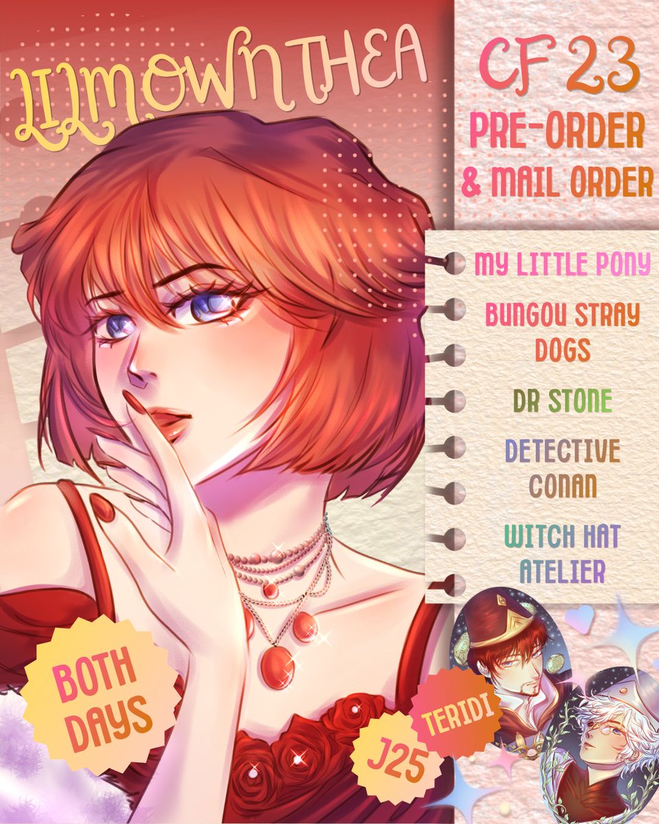 lilmownthea's tweet photo. 🩷 &amp; 🔁 are appreciated \(˶>⩊<˶)/

⋆.𐙚 ̊.Mon's #CF23catalog now open!

🗓️ PO 27 Sept - 7 Oct
🎀 Circle TERIDI ✧ J25
📮 Pick up both days &amp; mail order

🌟 Witch Hat Atelier (WHA), MLP, Detective Conan, Bungou Stray Dogs, Dr. Stone (DCST)
🔗 below 👇🏻

#cf23 #cf23catalogue https://t.co/qIG21lmGGd