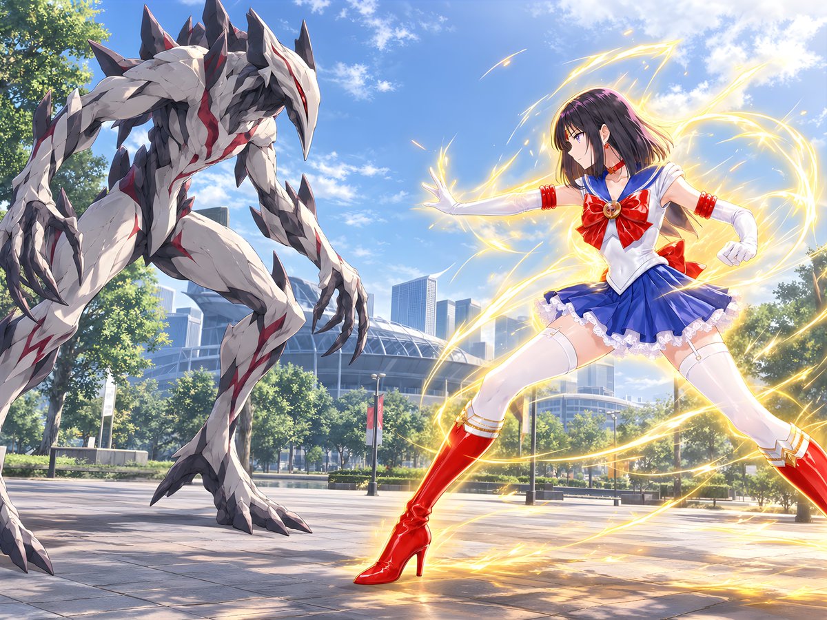 SailorRay_0608's tweet photo. #AIart #AIイラスト #セーラーレイ

一度敗北し池に投げ捨てられたセーラーレイ。
でも敗北を1度経験しているセーラーレイはここで諦めたりはしなかった！

再び闘志を漲らせ怪人の前に。セーラーレイの周りには漲る投資が黄色の綺麗なオーラとして顕現し、セーラーレイの力を飛躍的に向上させ、今度は怪人を圧倒する。

そしてついに怪人を刀で一刀両断！
怪人は大ダメージを負い爆散、見事セーラーレイが勝利を収めた。