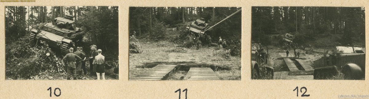 atakiguchi's tweet photo. 1939年後半～末の演習にて。Ⅳ号戦車C型を2台のSd.Kfz.9が回収する(コマ11の時点では1台だけが引っ張っている模様)。壕を越えるための急造橋が用意されているが危なっかしく見える。

引用元と同じシェフラー Gerhard Scheffler のアルバム、フイルム26から。
https://t.co/zT5fVC3bnU https://t.co/GxQyRJQEBb