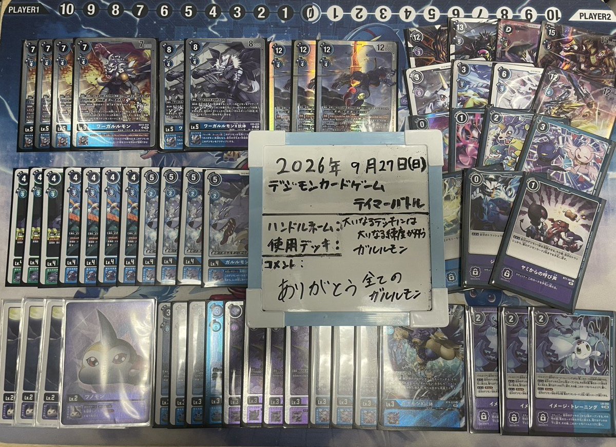 card_Asterisk's tweet photo. 9月27日(日) #デジモンカードゲーム #テイマーバトル 参加者11名。
優勝は「大いなるデッキには大いなる練度が伴う」さんの「#ガルルモン」デッキでした！
優勝おめでとうございます‼👏🎉
#デジモン #デジカ #デジモンカード #Digimon  #デッキレシピ #優勝デッキ　#優勝レシピ　#ガブモン https://t.co/X3VeO8ldHU
