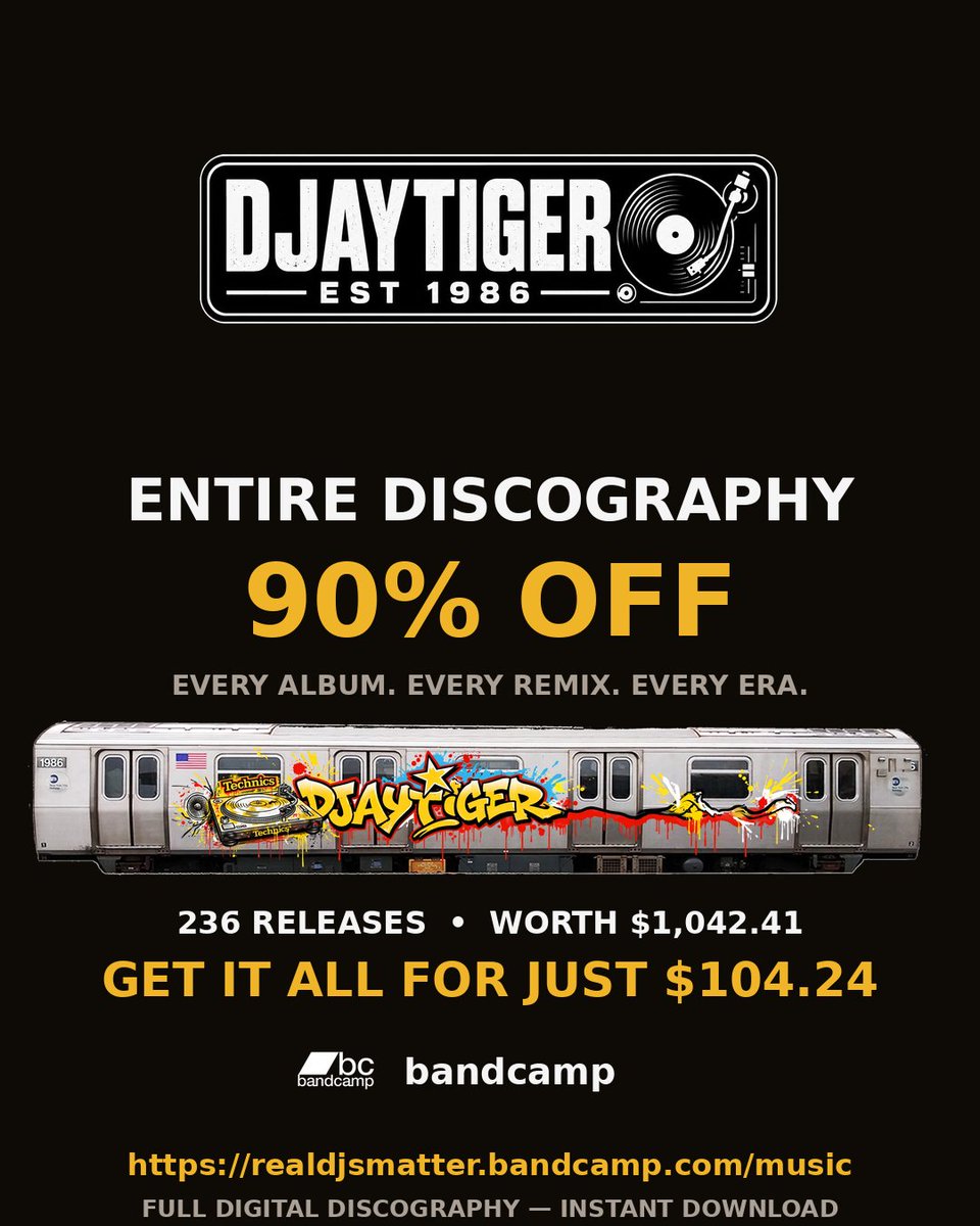 DJAYTIGER's tweet photo. 🔥 ENTIRE DISCOGRAPHY SALE — 90% OFF 🔥

Every DJAYTIGER album, remix &amp; mashup on Bandcamp. 236 releases worth $1,042.41 — get them ALL for just $104.24.

👉 https://t.co/tzq03Xos5q https://t.co/fxZVjvkZer