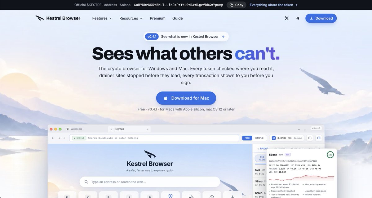 kestrelbrowser's tweet photo. Kestrel Browser has a new website.

Lighter, clearer, every feature in its own chapter: Hover, Shield, the wallet, trading, Radar, Premium. The official token address sits at the very top.

Open it on your phone and it offers to send the link to your computer. https://t.co/ONgbtToAu1