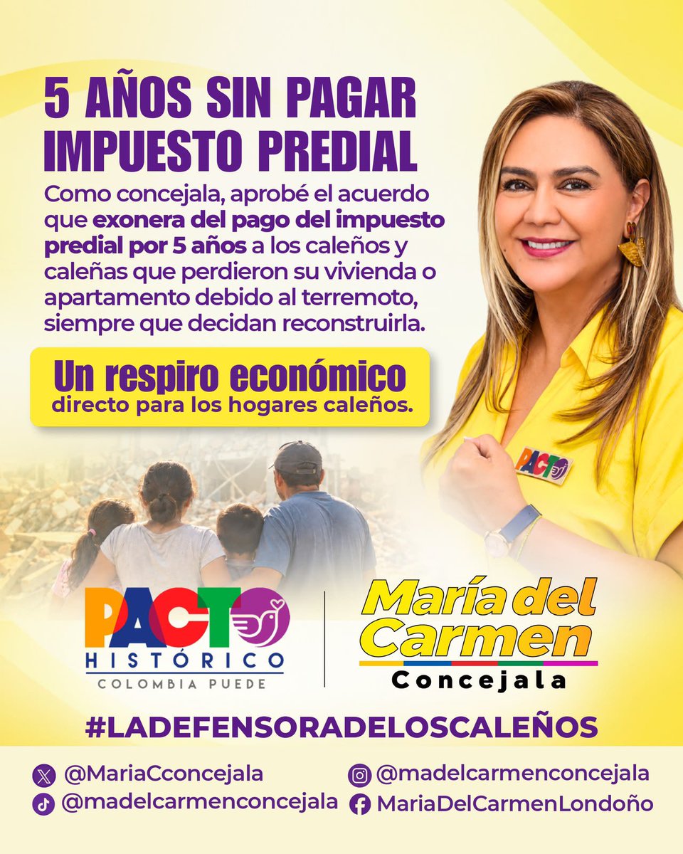 Mariatedefiende's tweet photo. 💛 Las familias caleñas no están solas. Desde el @ConcejoCali_ aprobamos alivios tributarios que les permitirán ir superando las afectaciones dejadas por el terremoto. Por eso te contamos a qué tienes derecho para que puedas acceder a los beneficios que entrega la @AlcaldiaDeCali .

En este caso exponemos de la exención en el pago a impuesto predial, al que tienen derecho las familias damnificadas.

#ladefensoradeloscaleños 
#pactohistórico 
#SomoelCambio 
#calicolombia 
#Terremoto