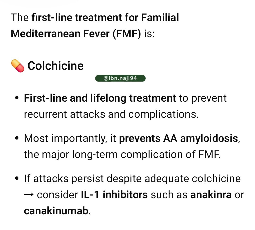 ibn_naji94's tweet photo. β The first-line treatment for Familial Mediterranean Fever (FMF) is:
π Colchicine.
#internist #gastroenterologist #bleeding #GIT https://t.co/YslkBuVlHf