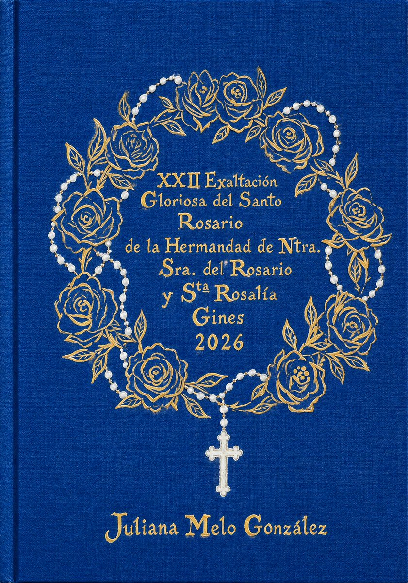 ColorArteML's tweet photo. Portada de las pastas de la Exaltación del Santo Rosario de @RosarioGines_ pronunciado por Juliana Melo González. 
Recrea una corona de rosas en alusión a Santa Rosalía y un rosario por la titular mariana de esta Hermandad 
#exaltacióngloriosa #santorosario #santarosalía https://t.co/BOmYZddLmR