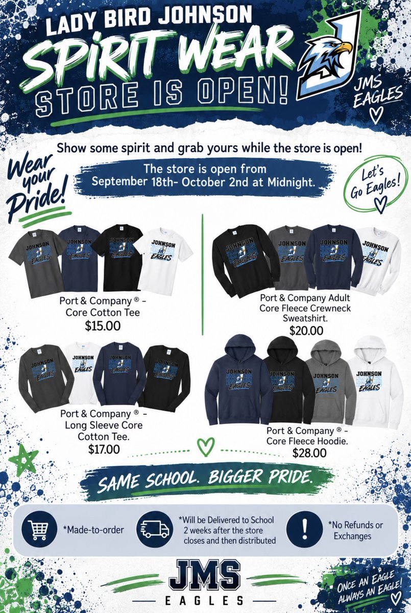 netzeroJMS's tweet photo. Attention JMS parents, staff and students! Get your Spirit Gear today! ONE WEEK LEFT - So fresh and so clean! Rep the Bird 🦅 and purchase today! Deadline is Friday! @JMS_DeanWalker @MrsLRWhitaker https://t.co/egCNmy1qY6