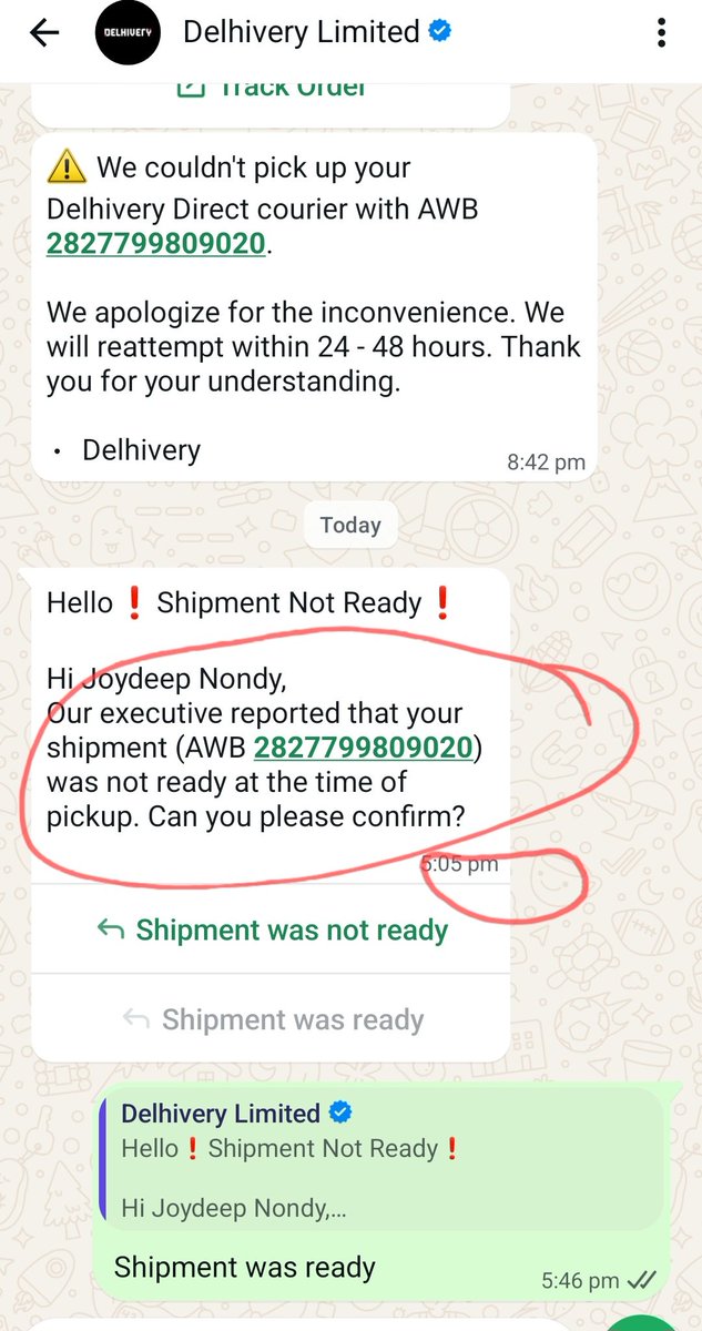 joydeepn's tweet photo. @help_delhivery How did ur pickup guy know WITHOUT calling me/ WITHOUT reaching my door that 'pickup not ready'. Is ur Mumbai pickup team filled with rogues? See ss below. Truly PATHETIC SERVICE from @delhivery @surajsaharan https://t.co/SC5oyMMAFS