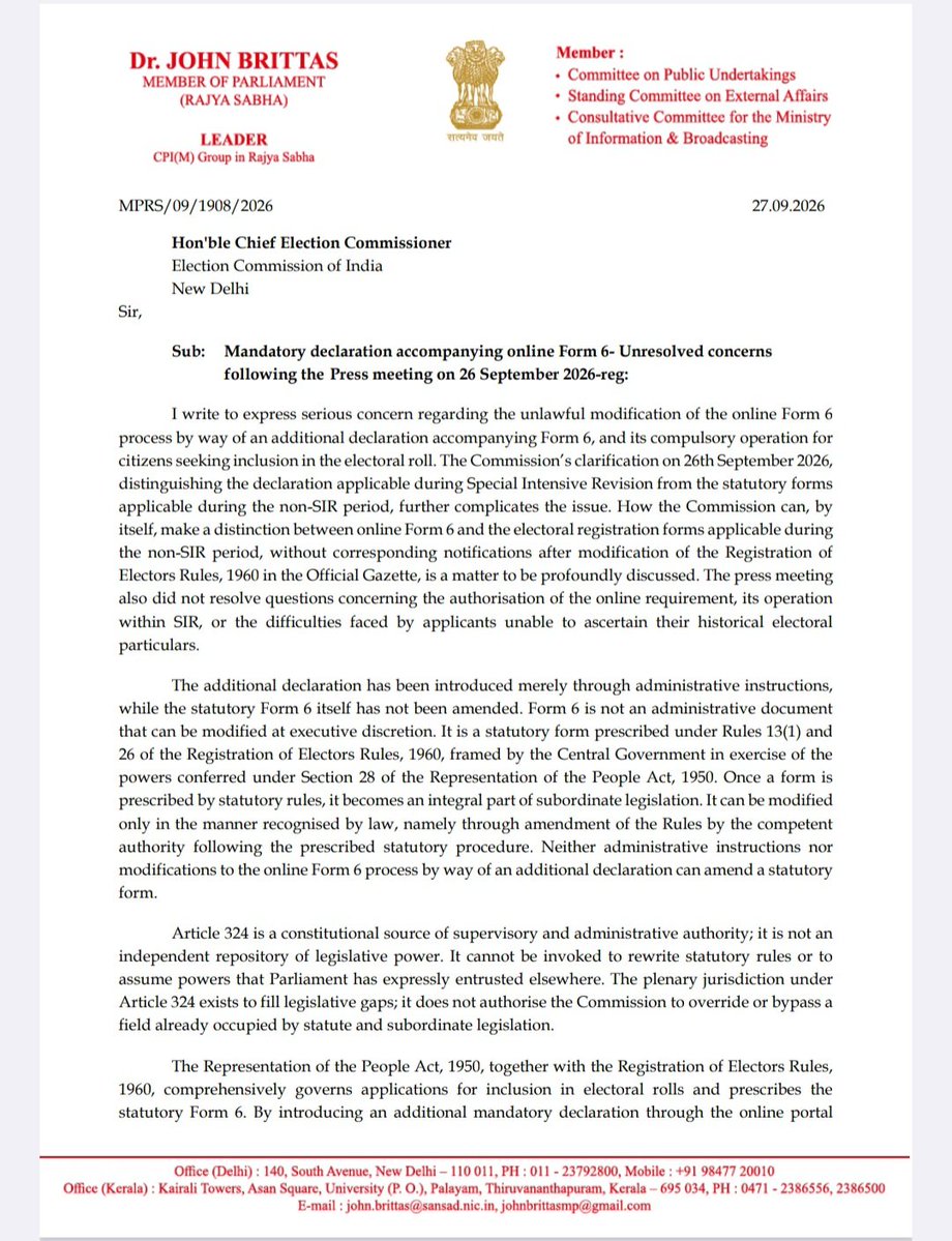 JohnBrittas's tweet photo. The ECI’s clarification yesterday raises more questions than it answers.

If Form 6 is a statutory form prescribed under the Registration of Electors Rules, 1960, how can an additional mandatory declaration be introduced through an online portal without amending those Rules?

Also crucial questions remain unanswered:

Were the reported objections of two Election Commissioners to this change true? If so, how were the objections resolved, and was the Commission’s own prescribed decision-making procedure followed?

More importantly, what about citizens who could not even submit Form 6 online because they could not furnish the additional declaration? 

And what of orphans, adopted persons, migrant workers, displaced persons and others who may genuinely have no reliable access to their family’s electoral history? Their inability to furnish historical particulars cannot become a barrier to their right to enrol.

The ECI must answer these questions transparently. The right to enrol cannot become hostage to an online condition whose legal basis remains disputed.

#savedemocracy
#SIR
