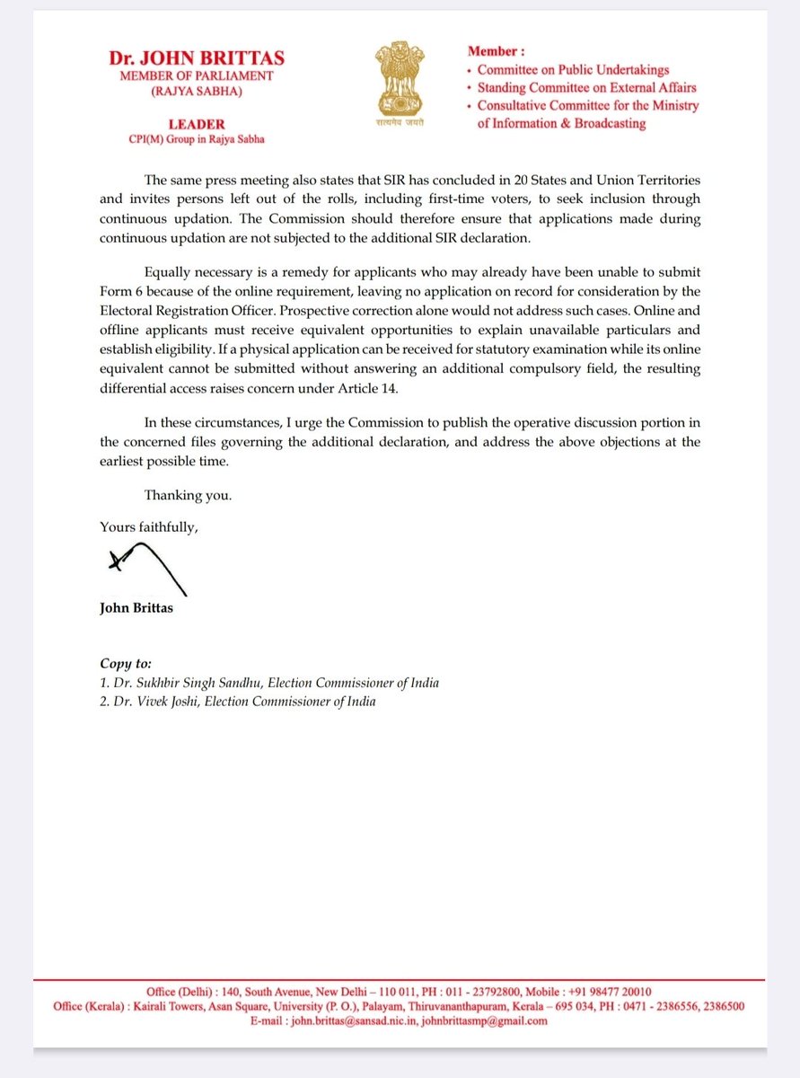 JohnBrittas's tweet photo. The ECI’s clarification yesterday raises more questions than it answers.

If Form 6 is a statutory form prescribed under the Registration of Electors Rules, 1960, how can an additional mandatory declaration be introduced through an online portal without amending those Rules?

Also crucial questions remain unanswered:

Were the reported objections of two Election Commissioners to this change true? If so, how were the objections resolved, and was the Commission’s own prescribed decision-making procedure followed?

More importantly, what about citizens who could not even submit Form 6 online because they could not furnish the additional declaration? 

And what of orphans, adopted persons, migrant workers, displaced persons and others who may genuinely have no reliable access to their family’s electoral history? Their inability to furnish historical particulars cannot become a barrier to their right to enrol.

The ECI must answer these questions transparently. The right to enrol cannot become hostage to an online condition whose legal basis remains disputed.

#savedemocracy
#SIR