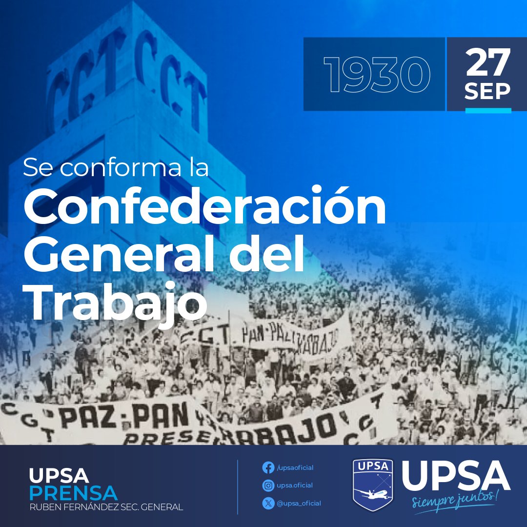 UPSA_Oficial's tweet photo. 27 de septiembre de 1930, nace la CGT ( Confederación General del Trabajo) como resultado de la fusión entre la USA ( Unión Sindical Argentina) y la COA ( Confederación Obrera Argentina ), las dos centrales existentes hasta ese momento. En un contexto de fuerte crecimiento del sector industrial en la Argentina, la CGT se erige como la central predominante a partir de un acuerdo entre las dos tendencias más determinantes en ese momento: socialistas y sindicalistas revolucionarios. Para elegir su nombre, los dirigentes de ese entonces se inspiraron en la CGT francesa, tomando el nombre de aquella organización. El primer secretario general de la CGT fue Luis Cerruti, de Unión Ferroviaria, a quien le toco liderar una primera central que contaba con trabajadores ferroviarios, municipales, metalúrgicos, telefónicos y marítimos, entre otros.
@cgtoficialra
#UPSA Prensa
#UPSAsiemprejuntos